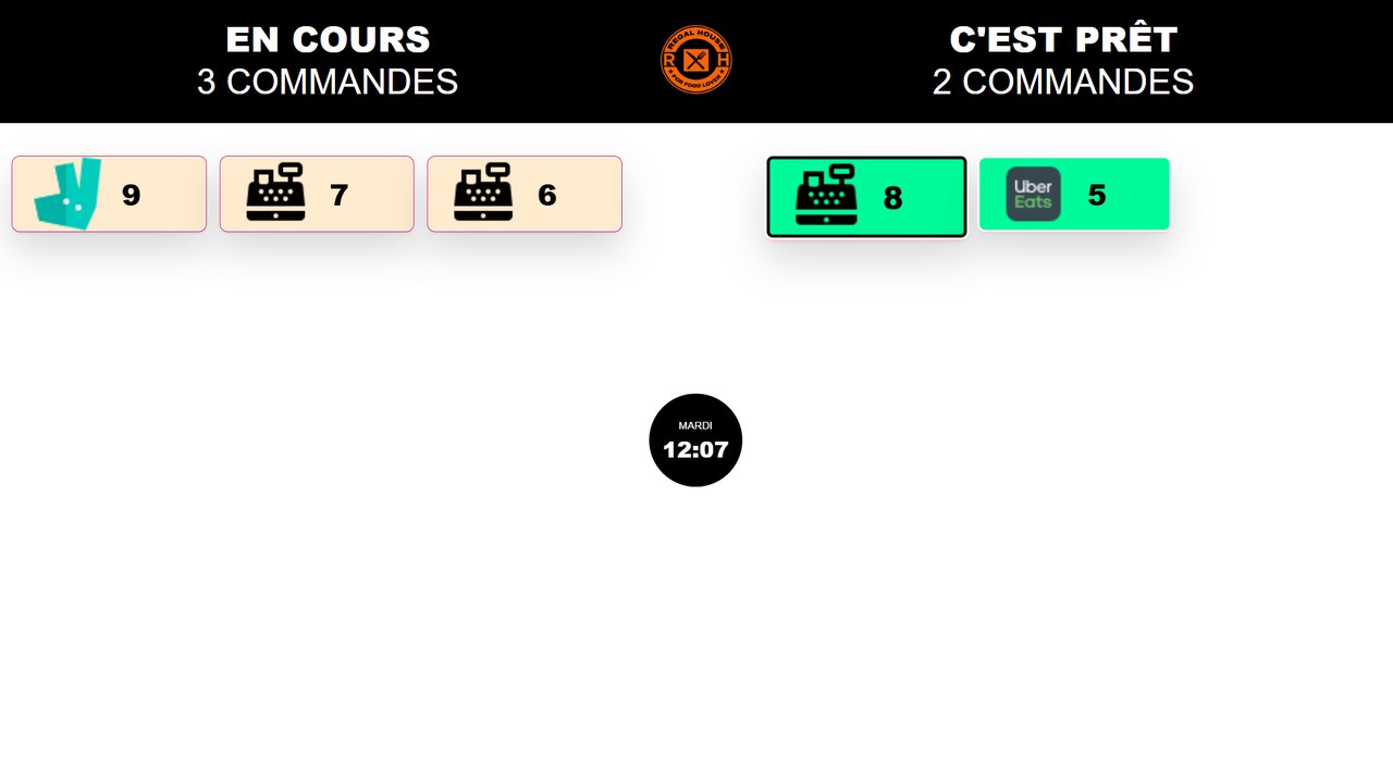 Écran d’appel client : commandes en cours à gauche, commandes prêtes à droite