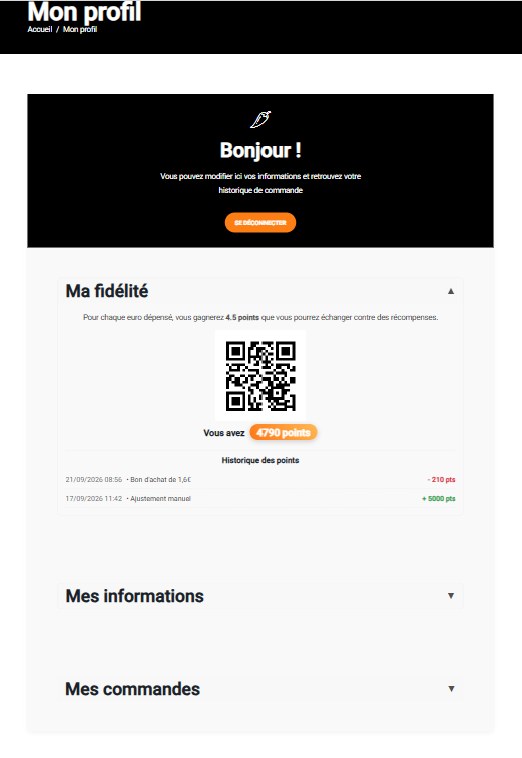 Compte fidélité du client : QR code d’identification, solde de points et historique des opérations