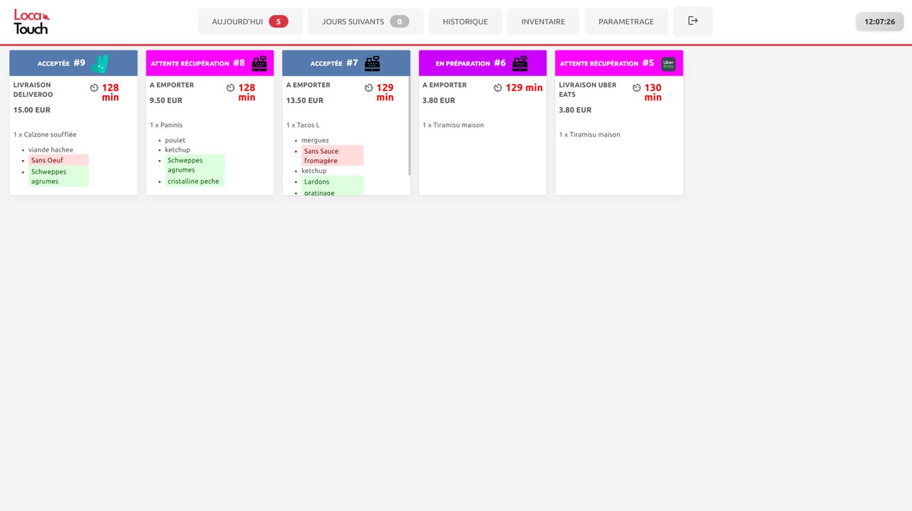 Écran cuisine KDS Locatouch : commandes acceptées, en préparation et en attente de récupération